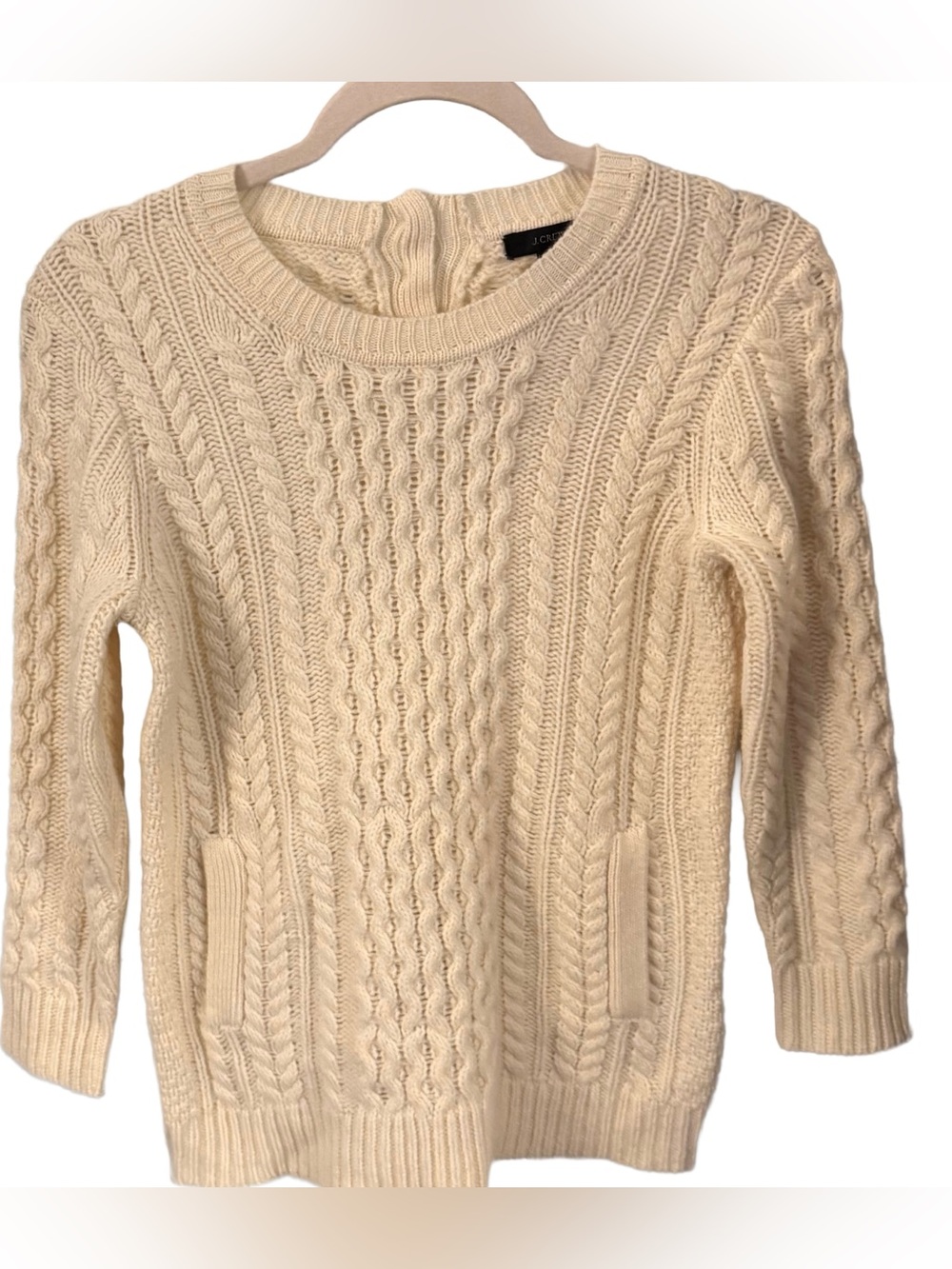 J. Crew Women's Y2K Pretty Fisherman Cable Crew Sweater Pockets 100% Wool XS